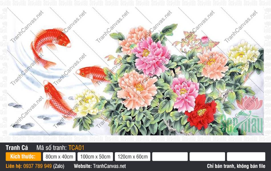 Tranh Cá Chép Hoa Mẫu Đơn TCA01, Tranh Cá Chép Đẹp, Tranh Cá Đẹp, Tranh Canvas