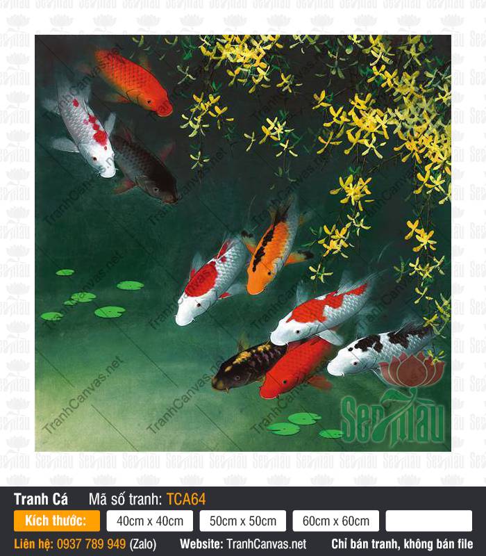 Tranh Cá Cửu Ngư Quần Hội TCA64, Bức Tranh Cá Chép, Tranh Cá Đẹp, Tranh In Canvas