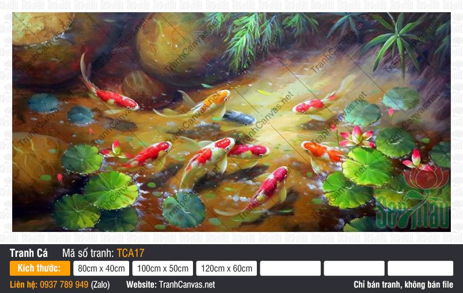 Tranh Cửu Ngư Quần Hội Hoa Sen TCA17, Hình Cá Chép, Tranh Cá Đẹp, Tranh Canvas Cao Cấp