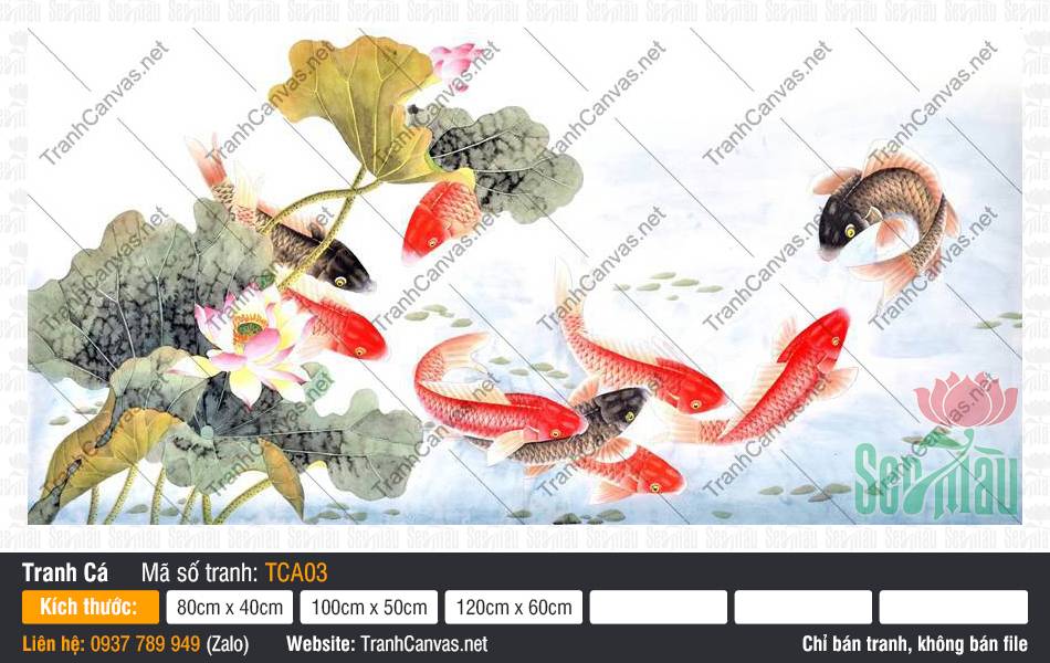 Tranh Cửu Ngư Quần Tụ TCA03, Tranh Cá Chép Tài Lộc, Tranh Cá Đẹp, Tranh Canvas HCM