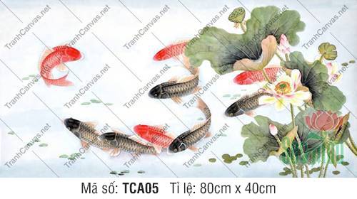 Tranh Cửu Ngư Hoa Sen TCA05, Tranh Canvas Cá Chép