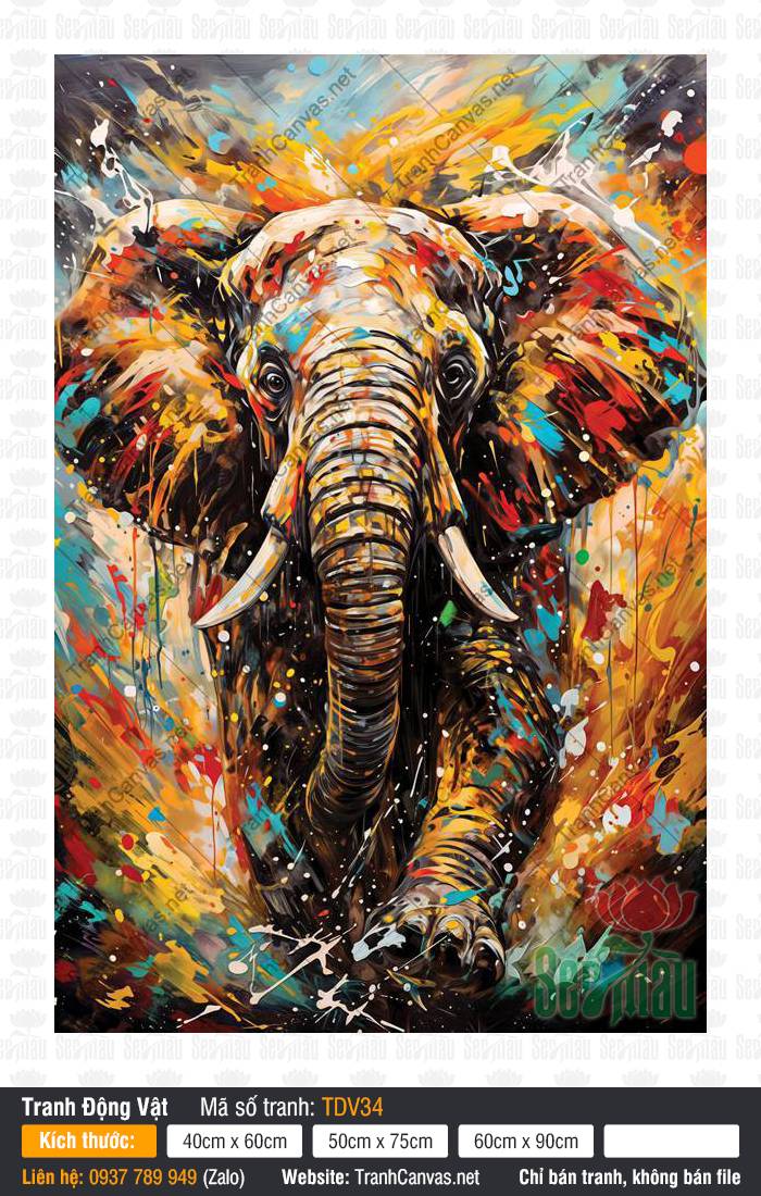 Tranh Con Voi Phong Thủy TDV34, Hình Con Vật, Tranh Động Vật, Xưởng In Tranh Canvas