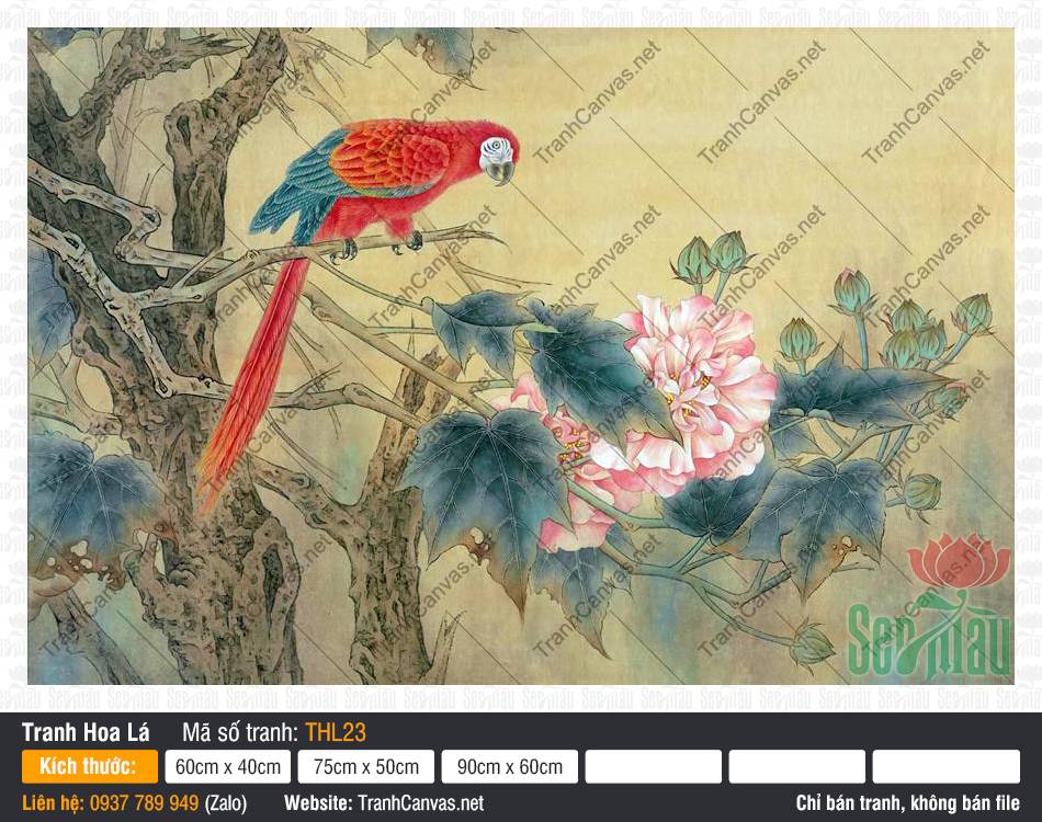 Tranh Chim Hoa THL23, Tranh Vẽ Hoa Đẹp, Tranh Hoa Lá, Tranh Canvas Trang Trí Phòng Khách
