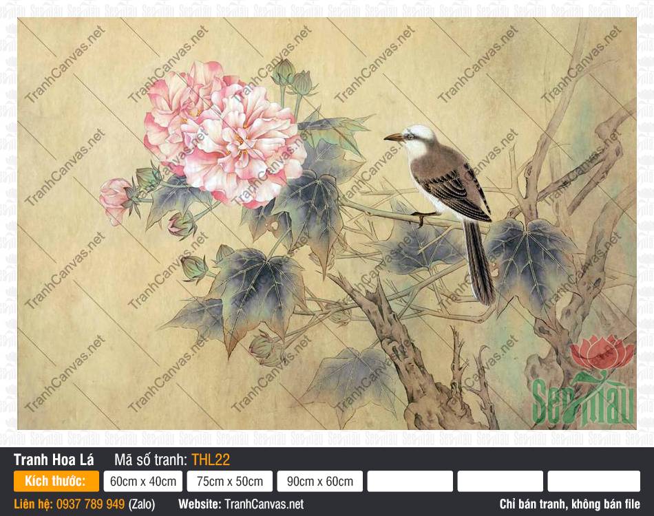 Tranh Hoa Và Chim THL22, Tranh Vẽ Hoa Lá, Tranh Hoa Lá, Tranh Canvas Trang Trí Nội Thất