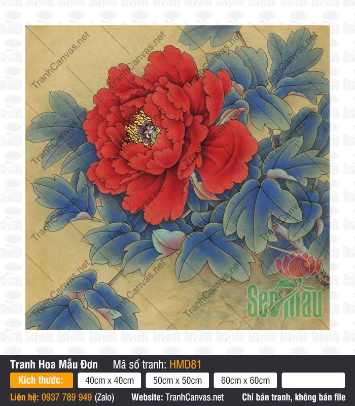 Hình Hoa Mẫu Đơn Đỏ HMD81, Tranh in Hoa Mẫu Đơn, Tranh Hoa Mẫu Đơn, Tranh Canvas Treo Phòng Khách