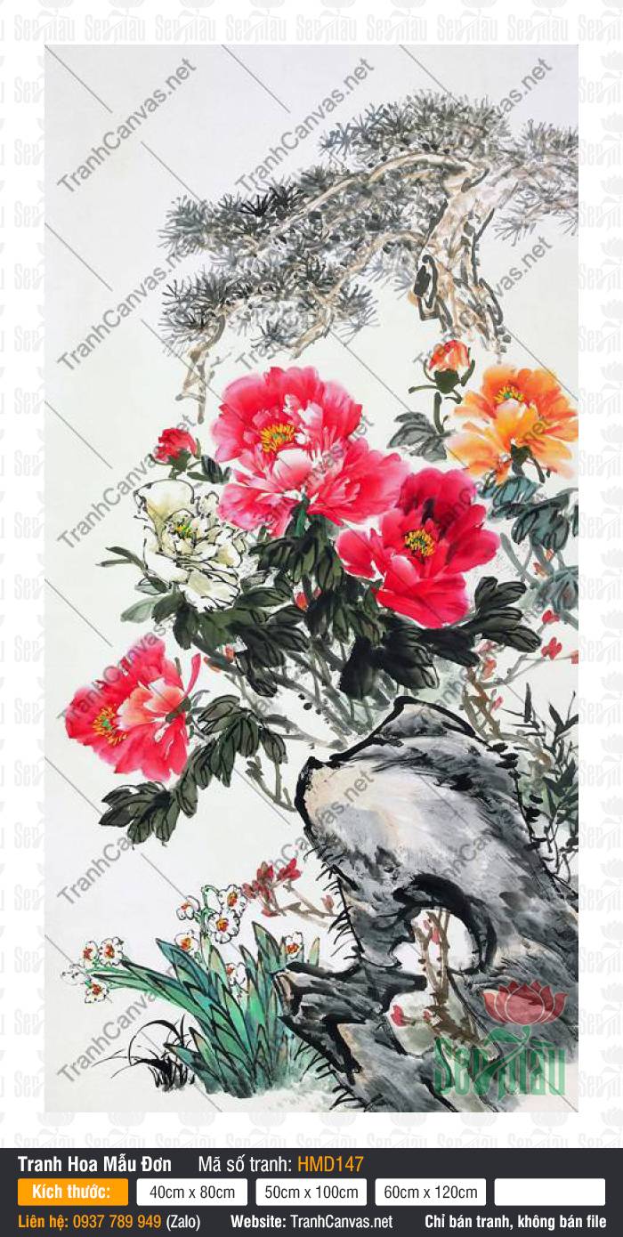 Hình Vẽ Hoa Mẫu Đơn Đẹp HMD147, Tranh Hoa Mẫu Đơn, Tranh Vải Canvas Treo Tường