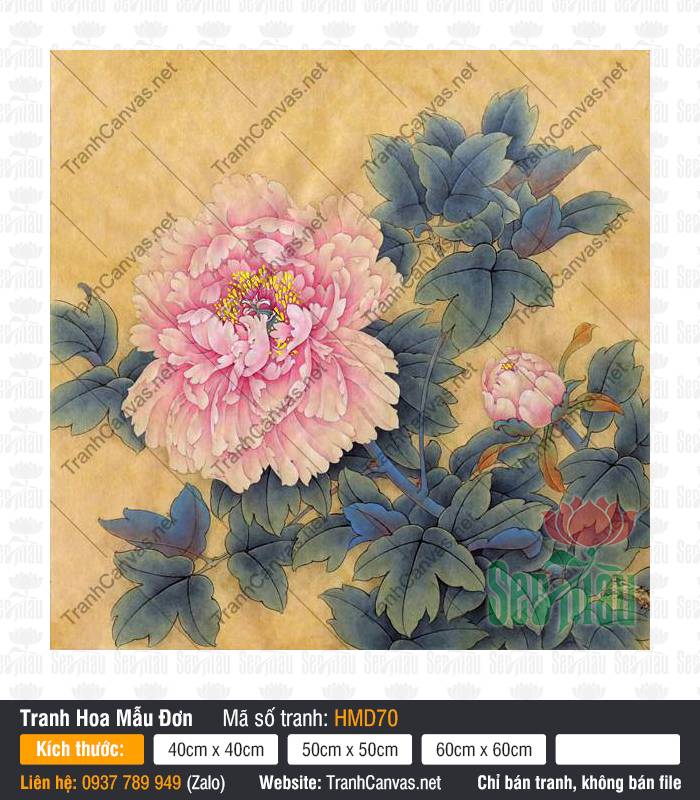 Hoa Mẫu Đơn 2 Bông HMD70, Tranh Hoa Mẫu Đơn Canvas, Tranh Hoa Mẫu Đơn, Tranh Canvas Size Lớn