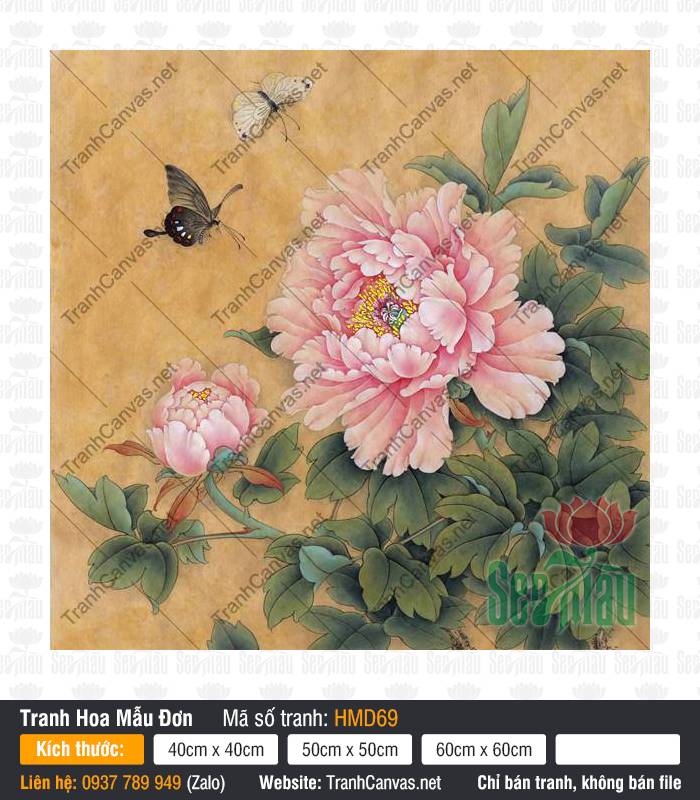 Tranh Hoa Mẫu Đơn 2 Bông HMD69, Hình Hoa Mẫu Đơn, Tranh Hoa Mẫu Đơn, Tranh Canvas Saigon