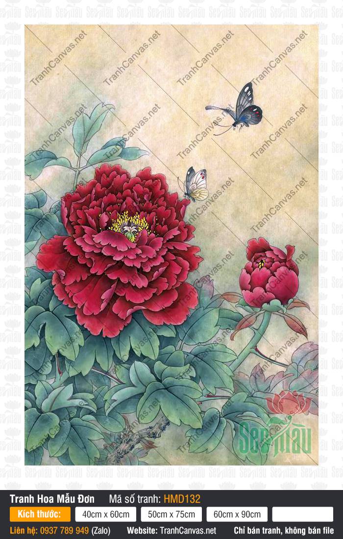 Tranh Hoa Mẫu Đơn Đỏ HMD132, Tranh Hoa Mẫu Đơn, Tranh Canvas Decor