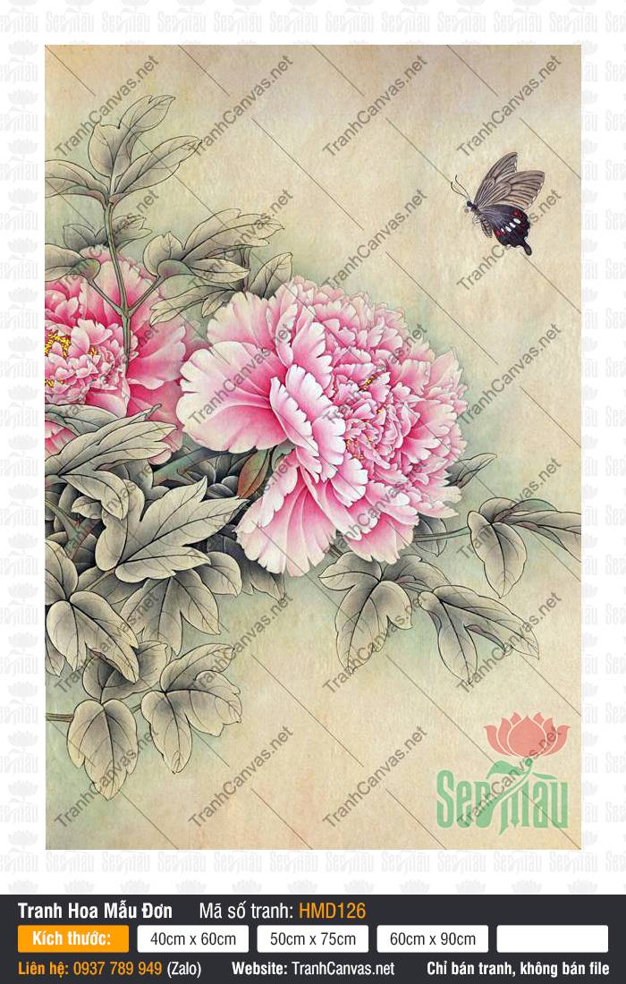 Tranh Hoa Mẫu Đơn Hồng HMD126, Tranh in Hoa Mẫu Đơn, Tranh Hoa Mẫu Đơn, Tranh Canvas Saigon