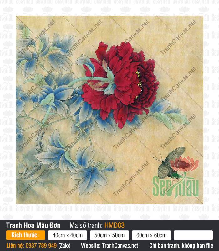 Tranh Hoa Mẫu Đơn Màu Đỏ HMD83, Tranh Hoa Mẫu Đơn, Tranh Canvas Treo Phòng Ngủ