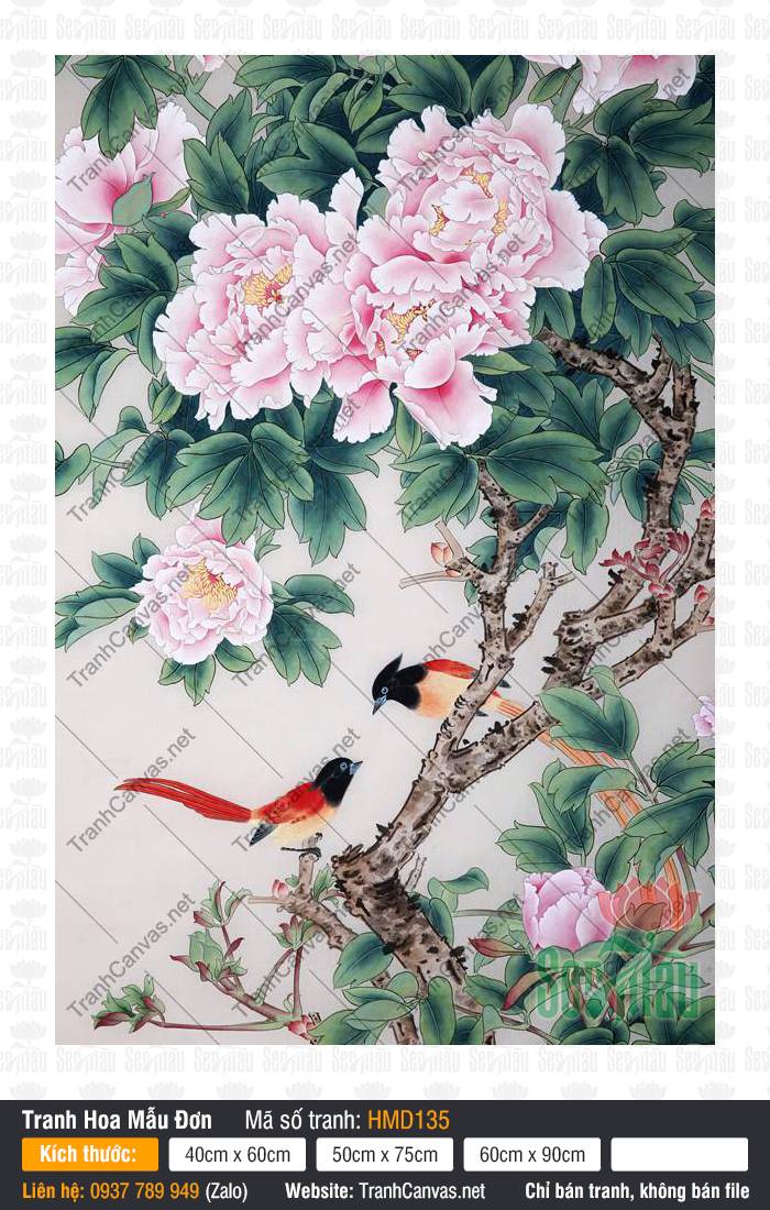 Tranh Hoa Mẫu Đơn Phòng Khách HMD135, Hình Vẽ Hoa Mẫu Đơn Đẹp, Tranh Hoa Mẫu Đơn, Tranh Canvas Trang Trí