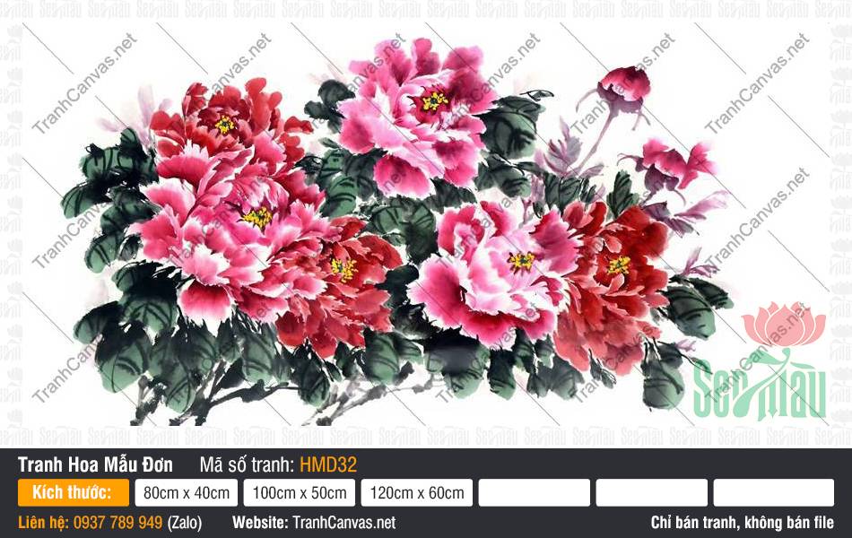 Tranh Hoa Mẫu Đơn Phòng Khách HMD32, Hình Hoa Mẫu Đơn May Mắn, Tranh Hoa Mẫu Đơn, Tranh Trên Vải Canvas