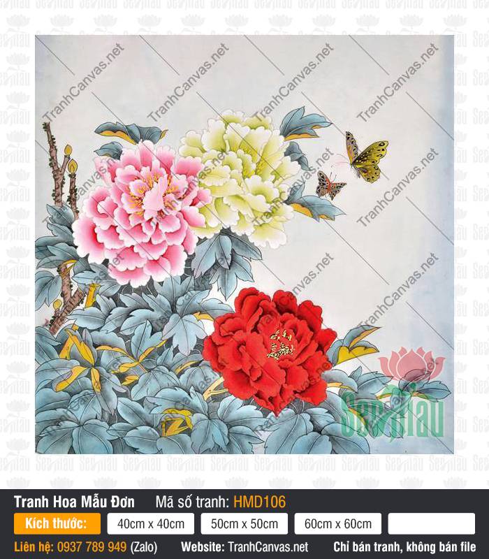 Tranh Hoa Mẫu Đơn Phong Thủy HMD106, Hình Hoa Mẫu Đơn May Mắn, Tranh Hoa Mẫu Đơn, In Tranh Canvas Theo Yêu Cầu HCM