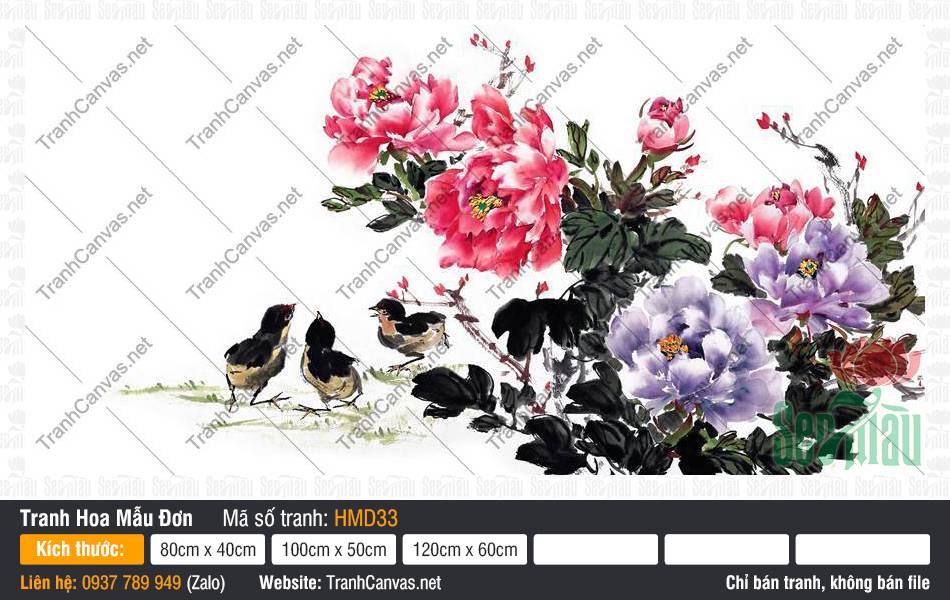 Tranh Hoa Mẫu Đơn Phong Thủy HMD33, Hình Vẽ Hoa Mẫu Đơn Đẹp, Tranh Hoa Mẫu Đơn, Tranh Vải Canvas Treo Tường