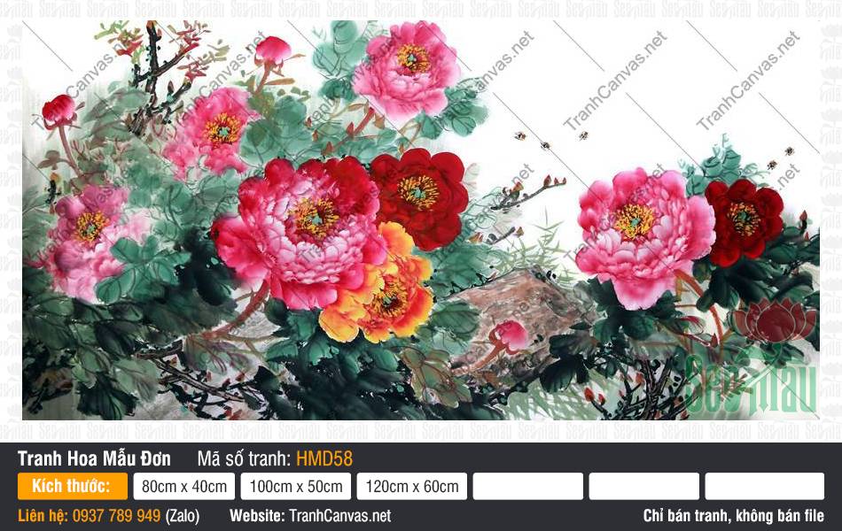 Tranh Hoa Mẫu Đơn Phong Thủy HMD58, Tranh Hoa Mẫu Đơn Phòng Khách, Tranh Hoa Mẫu Đơn, Tranh Canvas