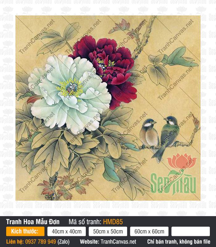 Tranh Hoa Mẫu Đơn Trắng HMD85, Tranh in Hoa Mẫu Đơn, Tranh Hoa Mẫu Đơn, Tranh Canvas Treo Tường Phòng Khách