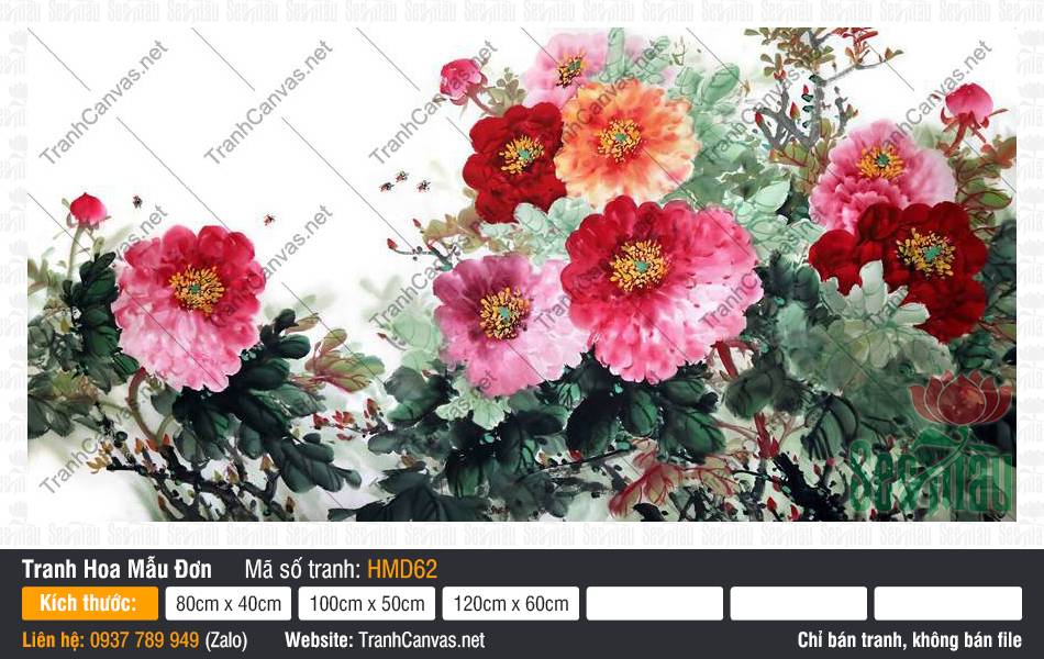 Tranh Mẫu Đơn Phú Quý HMD62, Mẫu Tranh Hoa Mẫu Đơn, Tranh Hoa Mẫu Đơn, Tranh Canvas Khổ Lớn