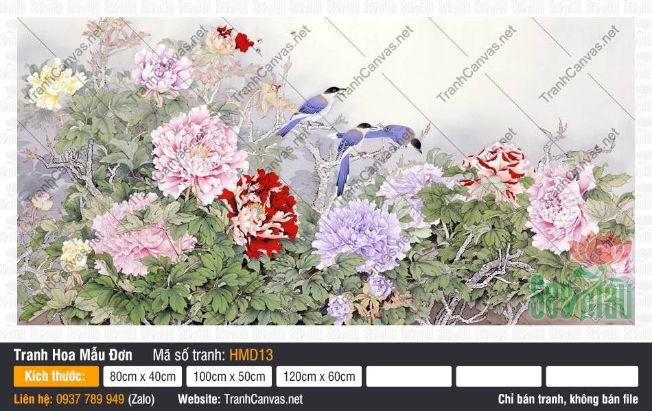 Tranh Vẽ Hoa Mẫu Đơn HMD13, Tranh Mẫu Đơn Phú Quý, Tranh Hoa Mẫu Đơn, Tranh Canvas Size Lớn