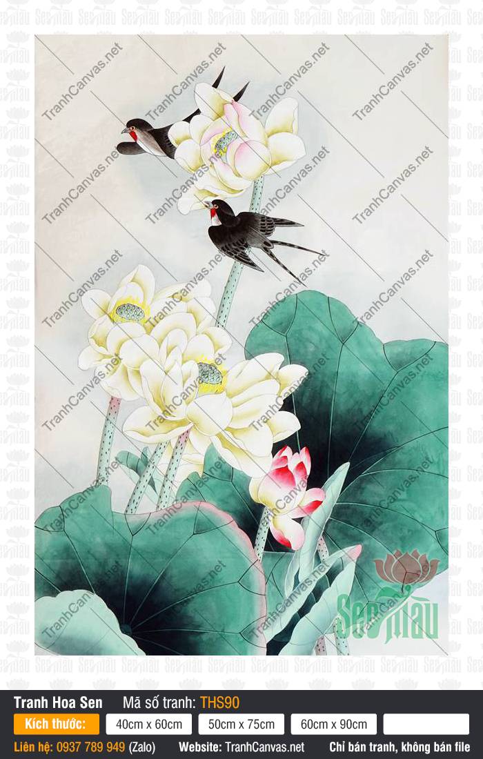 Hình Hoa Sen May Mắn THS90, Tranh Hoa Sen Khổ Lớn, Tranh Hoa Sen, Tranh Vải Canvas Treo Tường