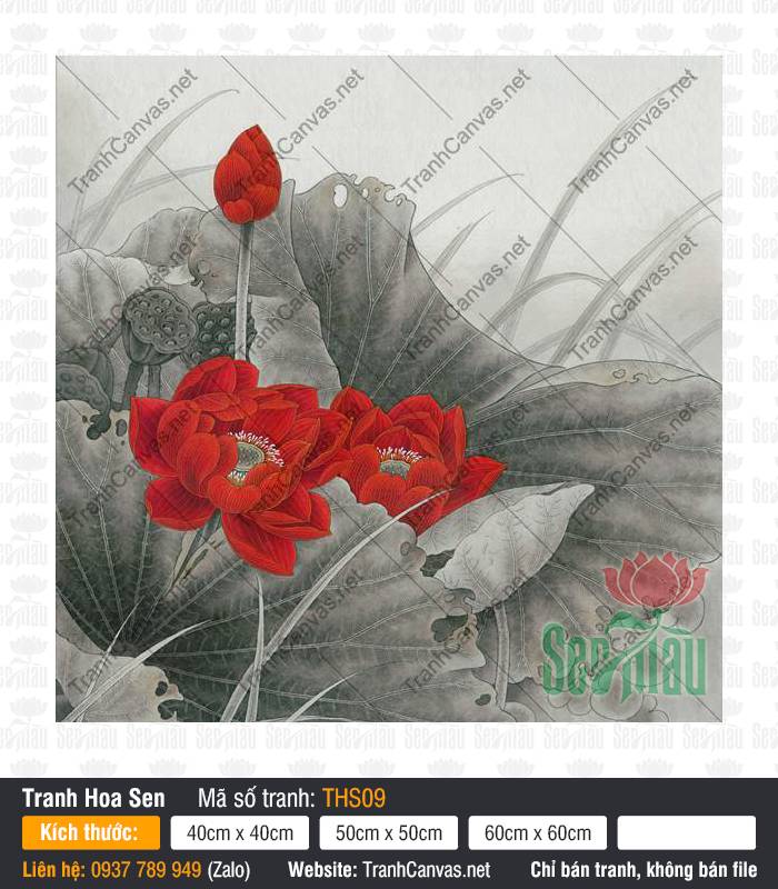 Tranh Hoa Sen Đỏ THS09, Tranh Hoa Sen Nghệ Thuật, Tranh Hoa Sen, Tranh Canvas Phòng Ngủ