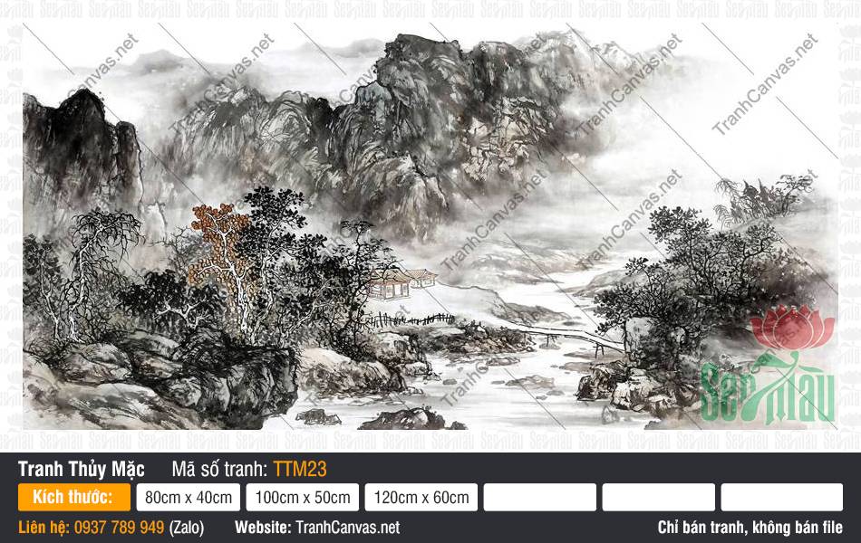 Bán Tranh Thủy Mặc TTM23, Tranh Núi Non Phong Thủy, Tranh Thủy Mặc, Tranh Canvas Trang Trí Phòng Khách