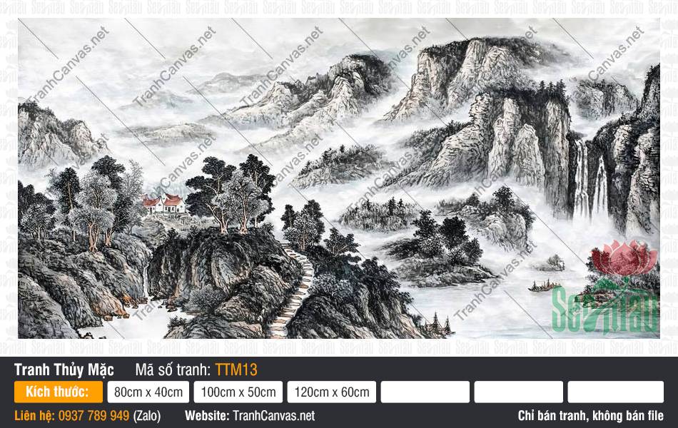 Bức Tranh Thủy Mặc TTM13, Tranh Thủy Mặc Đẹp Nhất, Tranh Thủy Mặc, Tranh Canvas Size Lớn