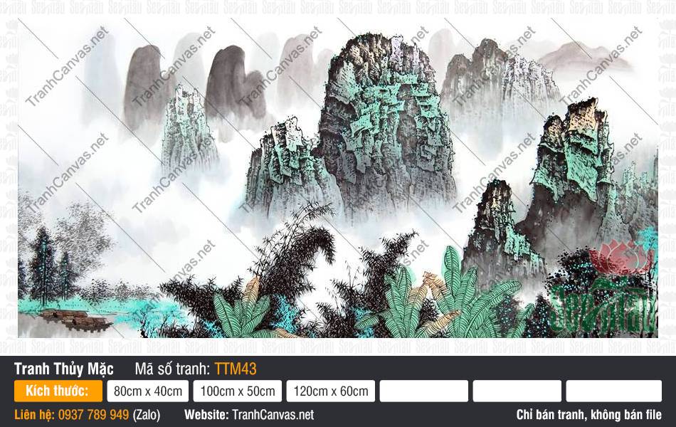 Bức Tranh Thủy Mặc TTM43, Tranh Thủy Mặc Khổ Lớn, Tranh Thủy Mặc, In Tranh Canvas Chất Lượng Cao