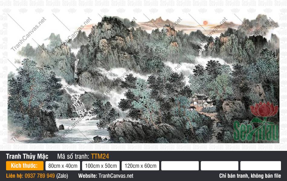 Khung Tranh Thủy Mặc TTM24, Tranh Thủy Mặc Núi Non, Tranh Thủy Mặc, Tranh Canvas Treo Phòng Khách