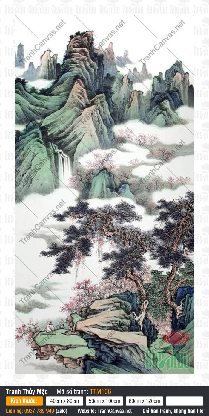 Tranh Núi Non Phong Thủy TTM106, Tranh Thủy Mặc Núi, Tranh Thủy Mặc, In Tranh Canvas Theo Yêu Cầu HCM