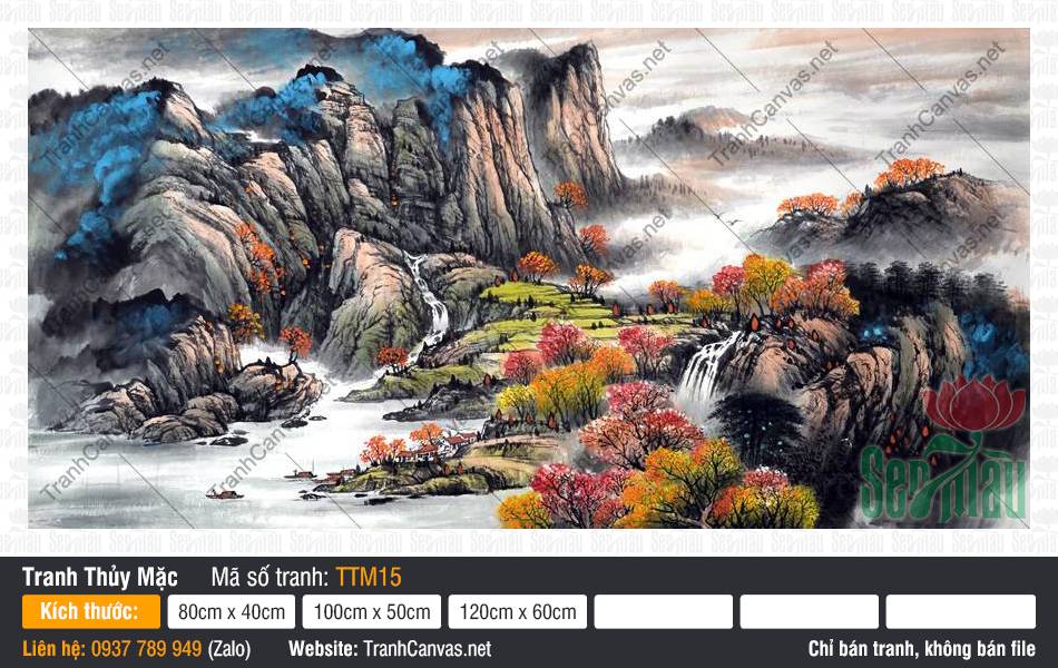 Tranh Núi Non Phong Thủy TTM15, Tranh Thủy Mặc, Tranh Vải Canvas