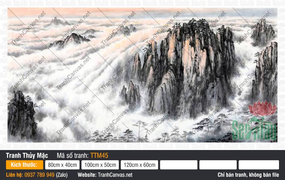 Tranh Núi Non Phong Thủy TTM45, Bức Tranh Thủy Mặc, Tranh Thủy Mặc, In Tranh Canvas Khổ Lớn