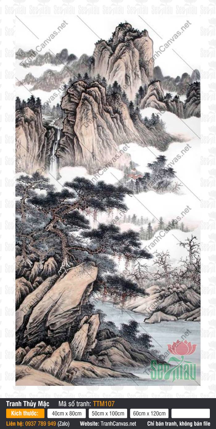 Tranh Phong Thủy Treo Phòng Khách Đẹp TTM107, Tranh Thủy Mặc Treo Phòng Khách, Tranh Thủy Mặc, In Tranh Canvas Treo Tường