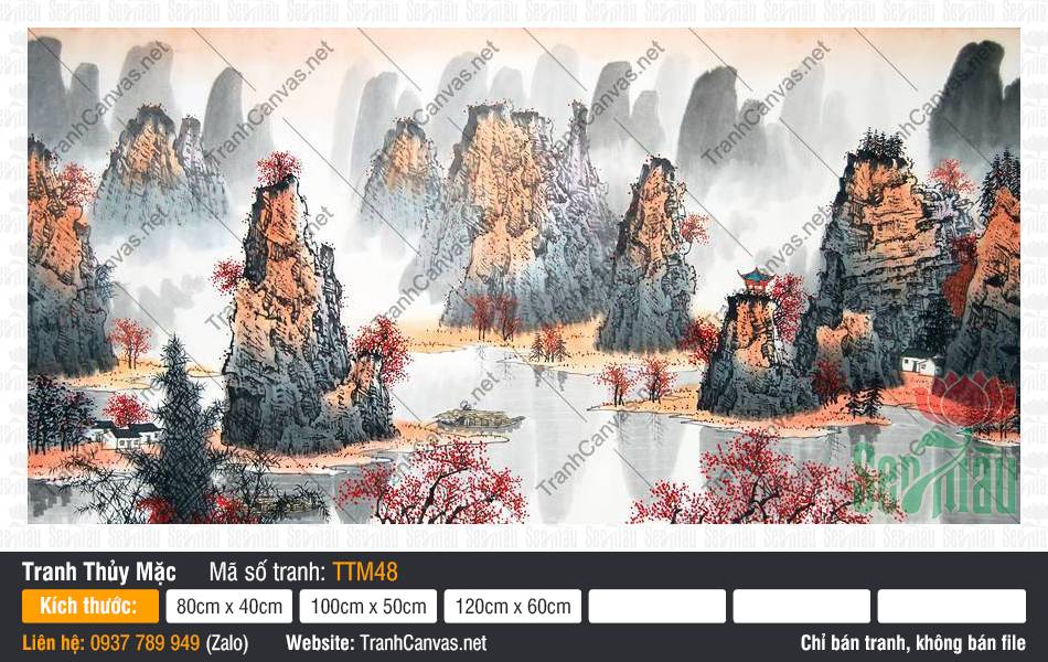 Tranh Thủy Mặc Cổ TTM48, Tranh Thủy Mặc Núi Non, Tranh Thủy Mặc, In Tranh Canvas Theo Yêu Cầu