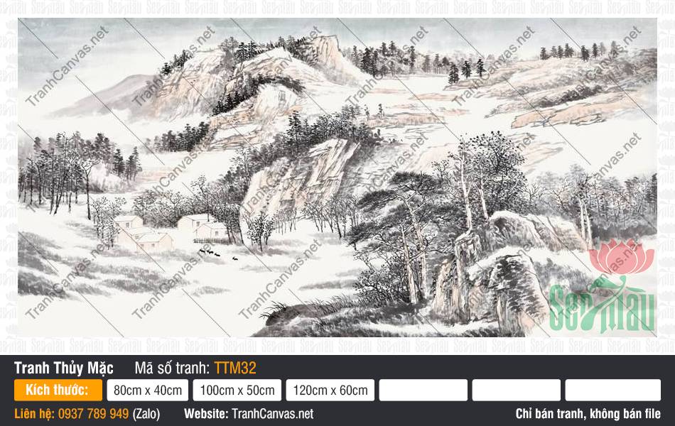 Tranh Thủy Mặc Đẹp TTM32, Tranh Thủy Mặc Treo Tường, Tranh Trên Vải Canvas