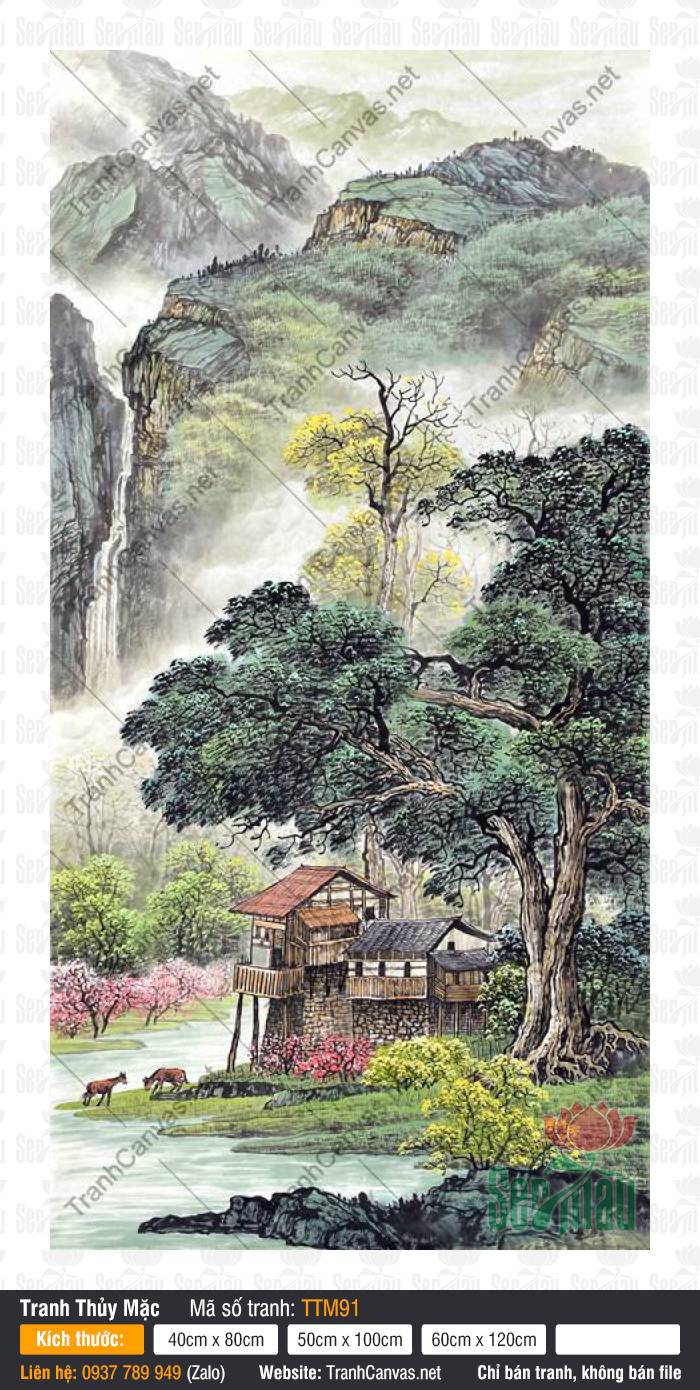 Tranh Thủy Mặc Khổ Dọc TTM91, Tranh Tường Thủy Mặc, Tranh Thủy Mặc, Xưởng In Tranh Canvas