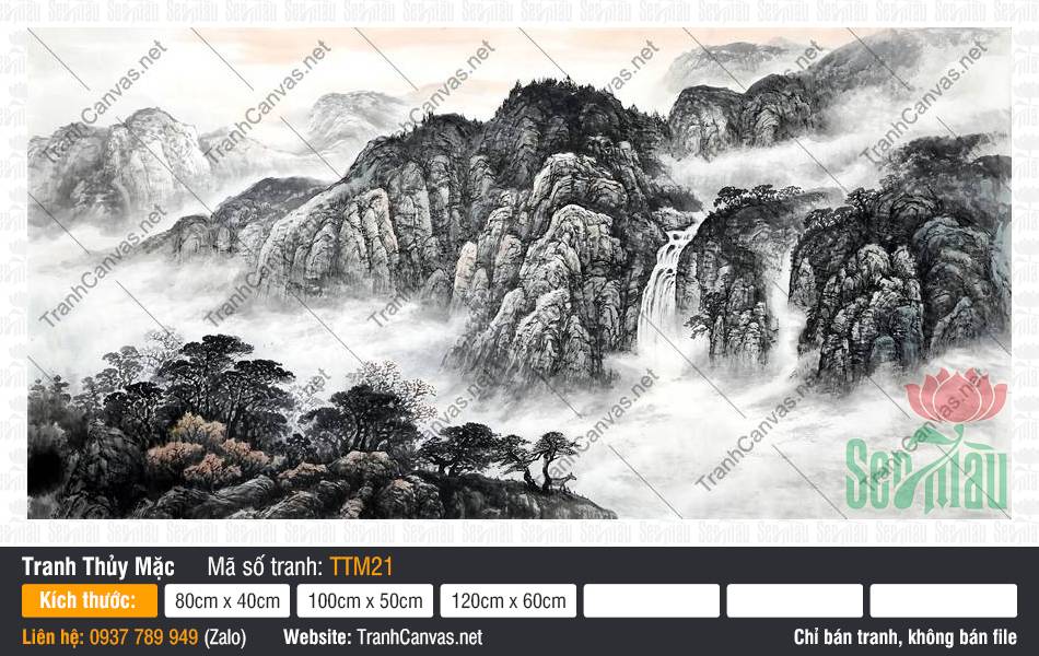 Tranh Thủy Mặc Màu TTM21, Tranh Núi Non Phong Thủy, Tranh Thủy Mặc, Tranh Canvas Trang Trí