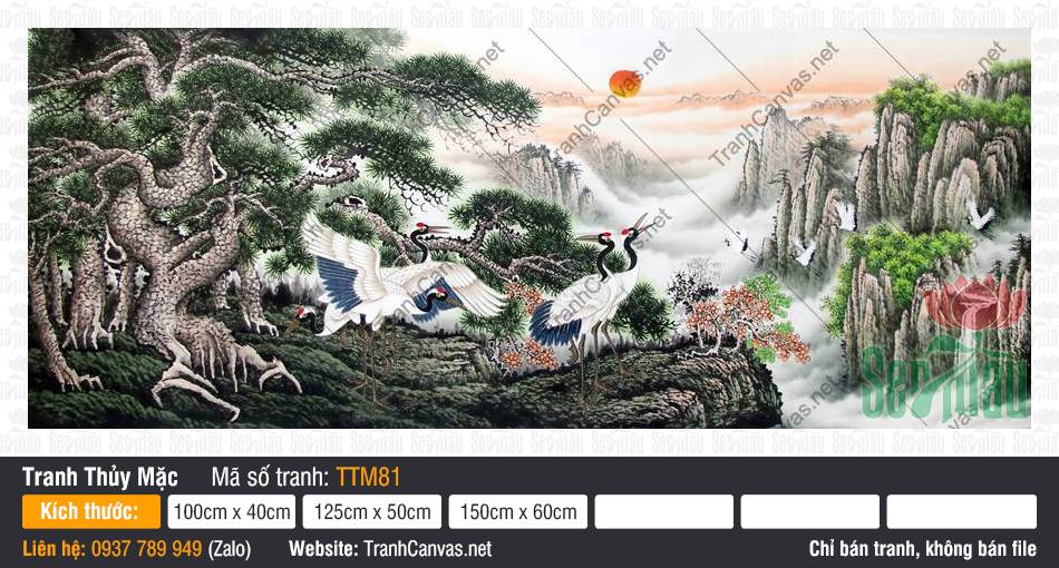 Tranh Thủy Mặc Màu TTM81, Tranh Núi Non Phong Thủy, Tranh Thủy Mặc, Tranh Canvas Treo Phòng Khách