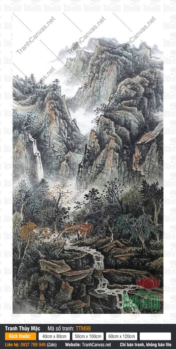 Tranh Thủy Mặc Núi Non TTM98, Tranh Thủy Mặc Đẹp, Tranh Thủy Mặc, In Canvas Khổ Lớn