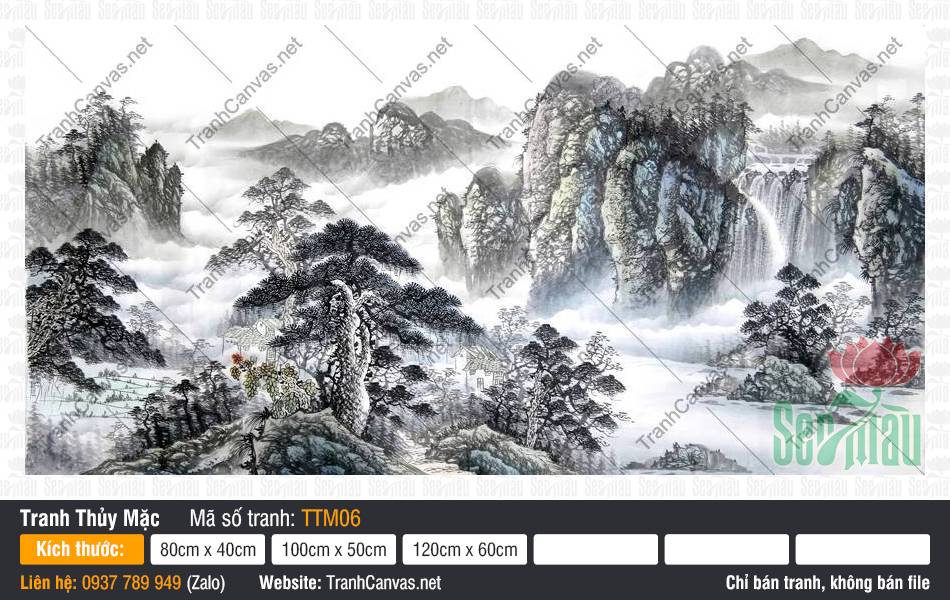 Tranh Thủy Mặc Núi TTM06, Tranh Thủy Mặc Đẹp Nhất, Tranh Thủy Mặc, Tranh Canvas Khổ To