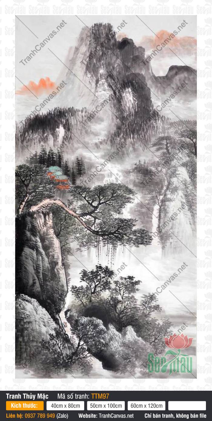 Tranh Thủy Mặc Núi TTM97, Tranh Núi Non Phong Thủy, Tranh Thủy Mặc, In Canvas HCM