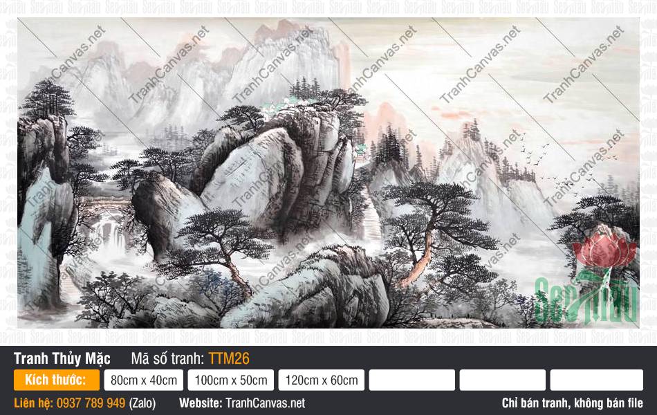 Tranh Thủy Mặc Sông Nước TTM26, Tranh Thủy Mặc Núi, Tranh Thủy Mặc, Tranh Canvas Treo Phòng Ngủ