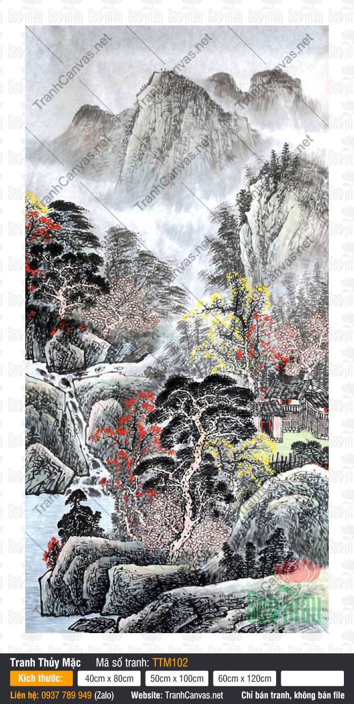 Tranh Thủy Mặc Treo Phòng Khách TTM102, Tranh Thủy Mặc Chất Lượng Cao, Tranh Thủy Mặc, In Tranh Canvas Khổ Lớn