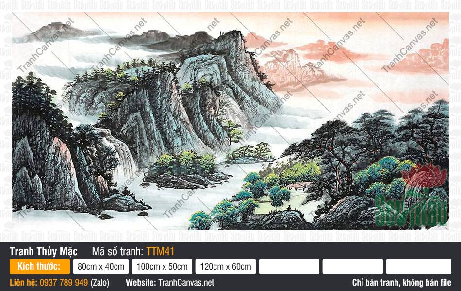 Tranh Thủy Mặc Treo Phòng Khách TTM41, Tranh Thủy Mặc Chất Lượng Cao, Tranh Thủy Mặc, In Canvas Khổ Lớn