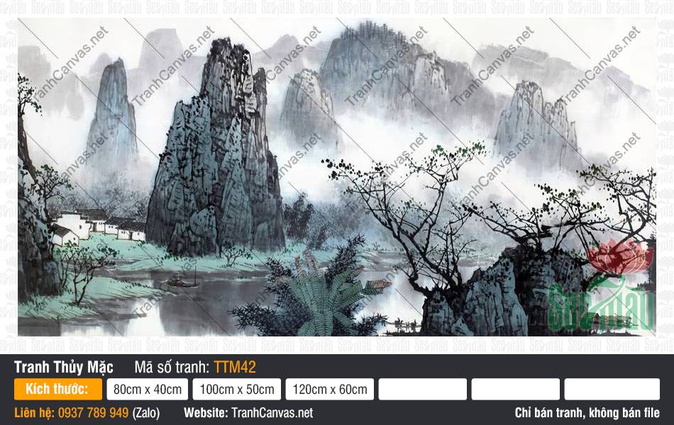 Tranh Thủy Mặc Treo Tường TTM42, Tranh Thủy Mặc Núi, Tranh Thủy Mặc, In Tranh Canvas