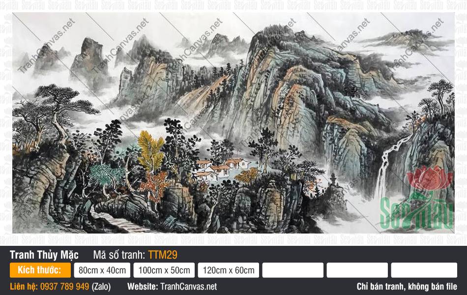 Tranh Thủy Mặc Xưa TTM29, Tranh Thủy Mặc Khổ Lớn, Tranh Thủy Mặc, Tranh In Canvas Tường