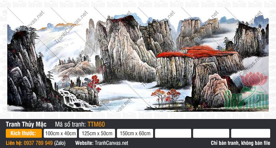 Vẽ Tranh Thủy Mặc Bằng Màu Nước TTM60, Tranh Thủy Mặc Treo Phòng Khách, Tranh Thủy Mặc, Tranh Canvas HCM