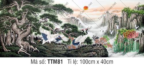 Tranh Thủy Mặc Màu TTM81, Tranh Núi Non Phong Thủy