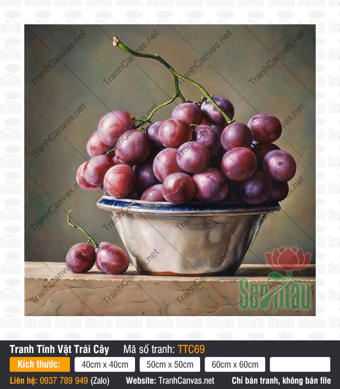 Tranh Tĩnh Vật Chùm Nho TTC69, Tranh Tĩnh Vật Vẽ, Tranh Tĩnh Vật Trái Cây, Tranh Canvas Saigon
