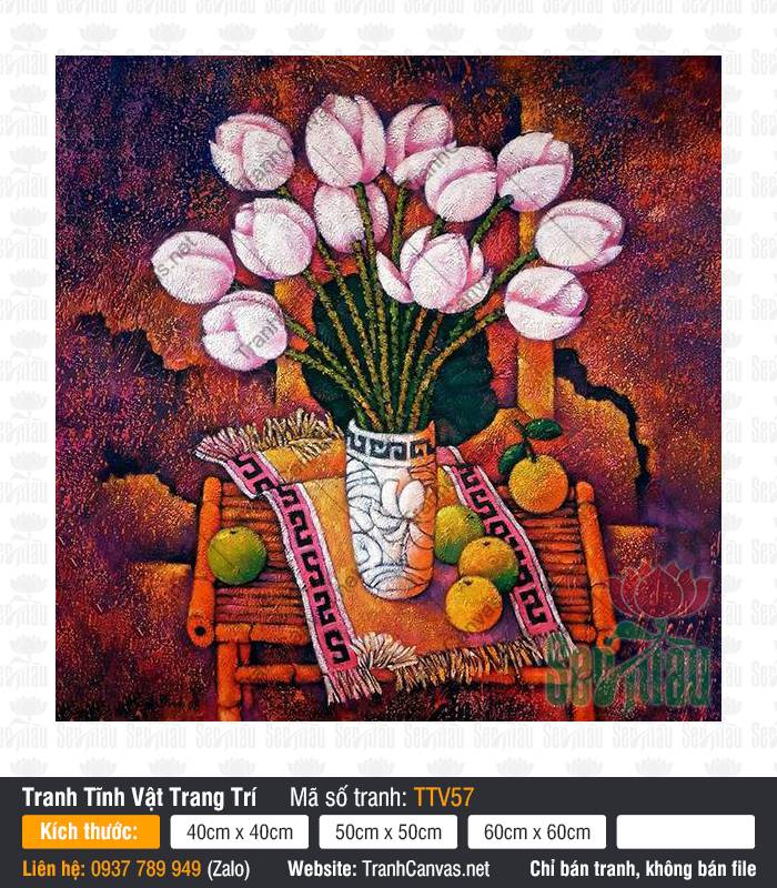 Tranh Tĩnh Vật Bình Hoa Sen TTV57, Tranh Tĩnh Vật, Tranh Tĩnh Vật Trang Trí, Nhận In Tranh Canvas